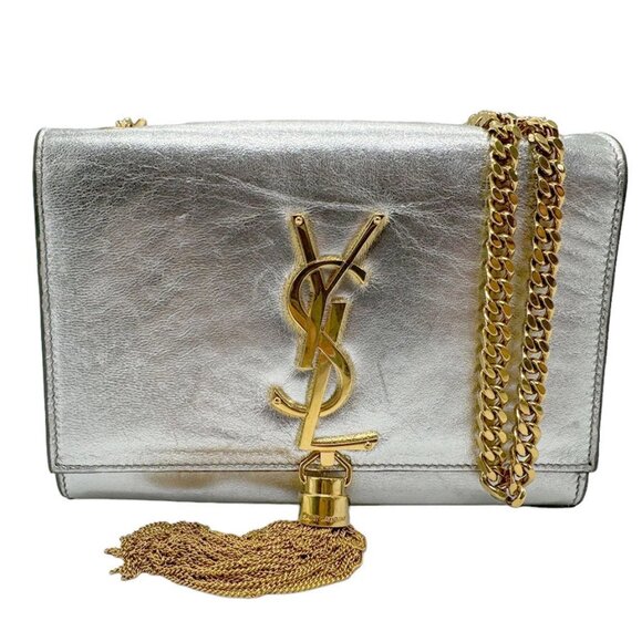 Auth SAINT LAURENT Crossbody Shoulder Bag Silver/Gold Leather/Metal - z2237